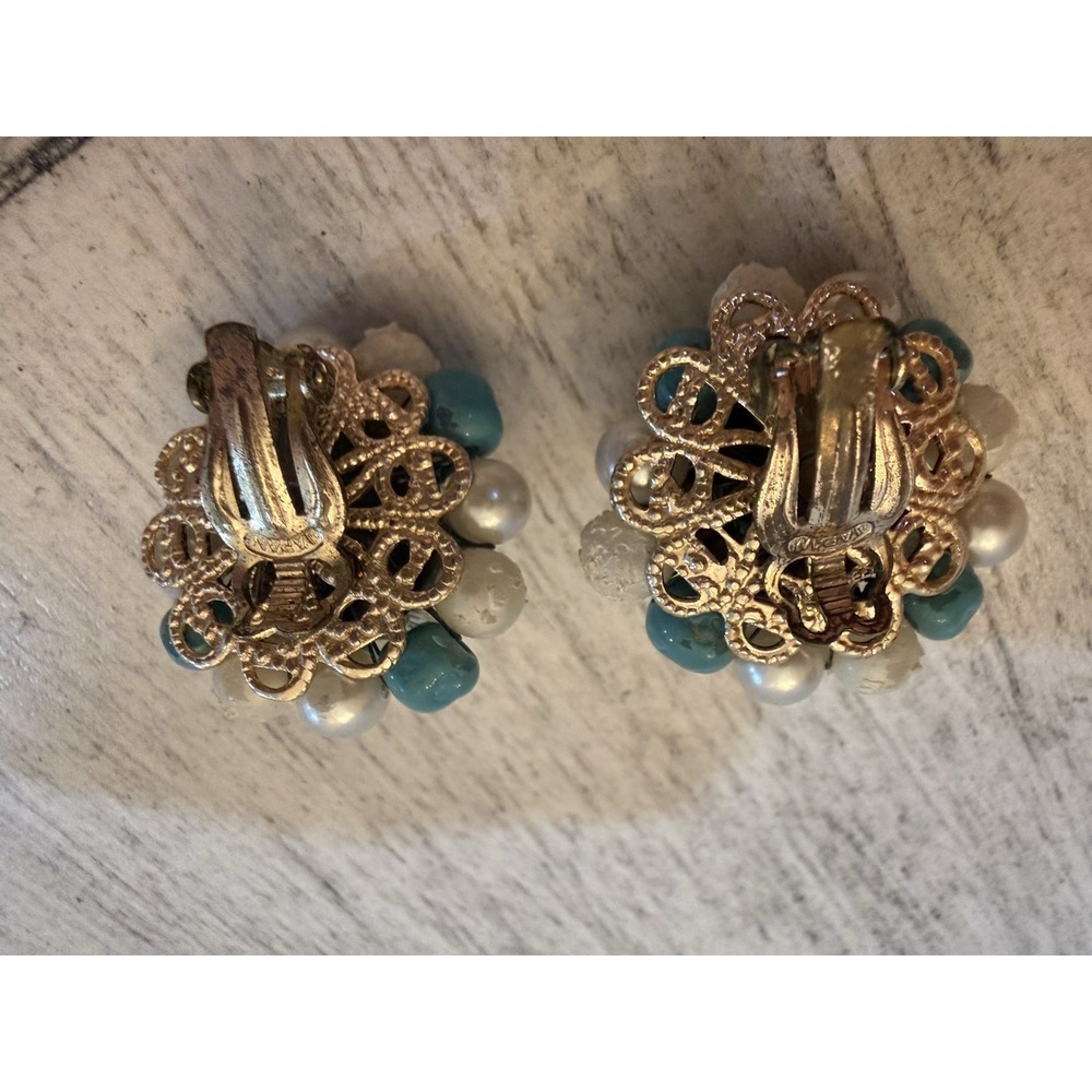 Vintage 1960s Japan Aqua Blue White Pearl Beaded Necklace Clip On Earrings Set - Picture 11 of 15